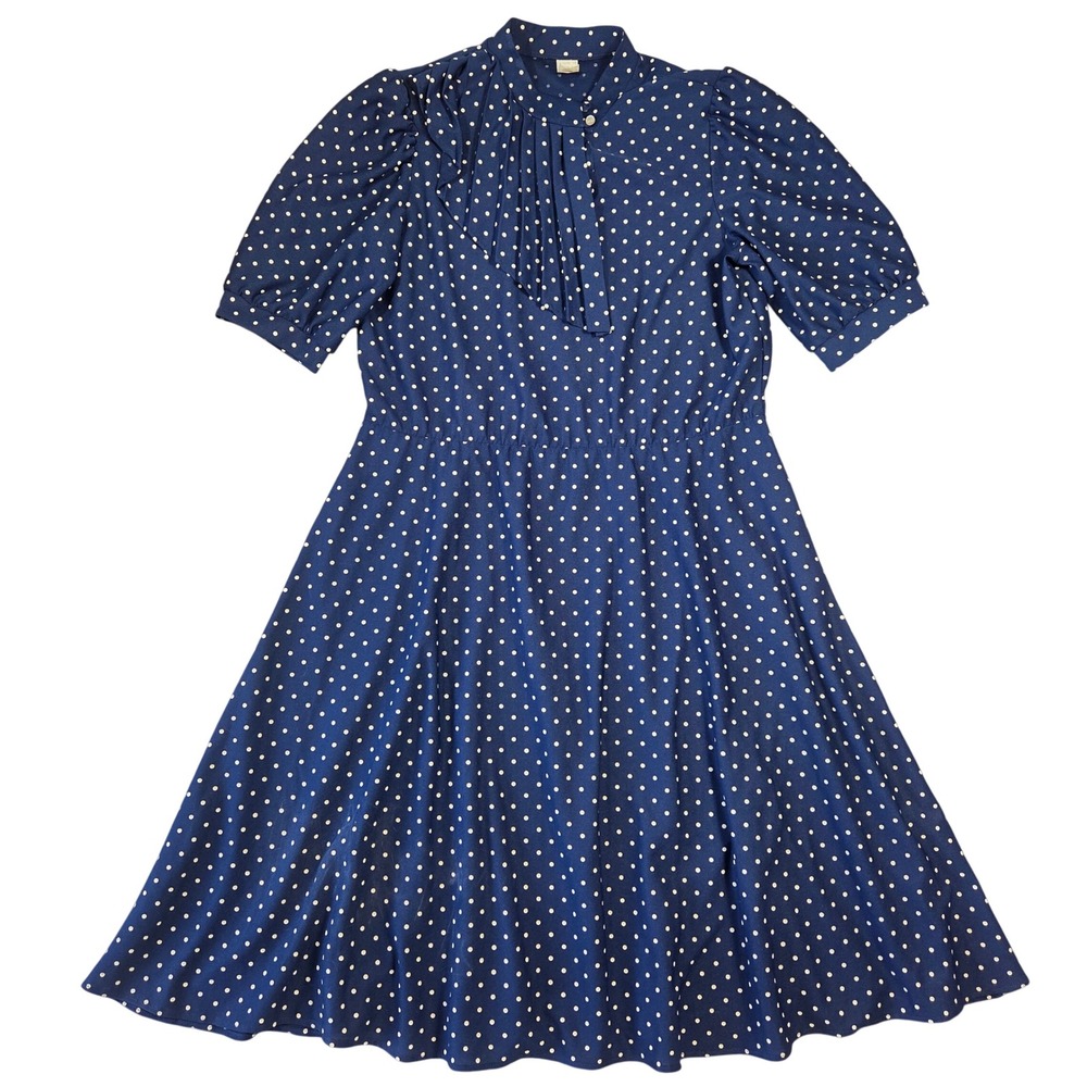 Vintage Navy White Polka Dot Midi Dress Puff Sleeve Button Neck Pleated‎ Skirt